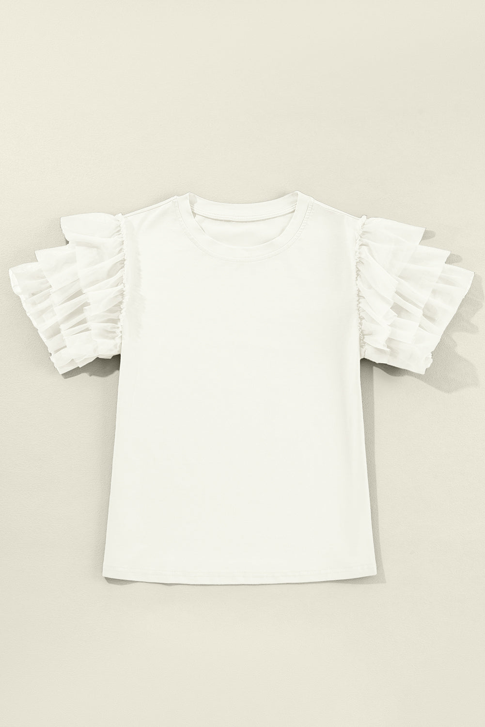 White Plain Tulle Round Neck Ruffle Sleeve Blouse
