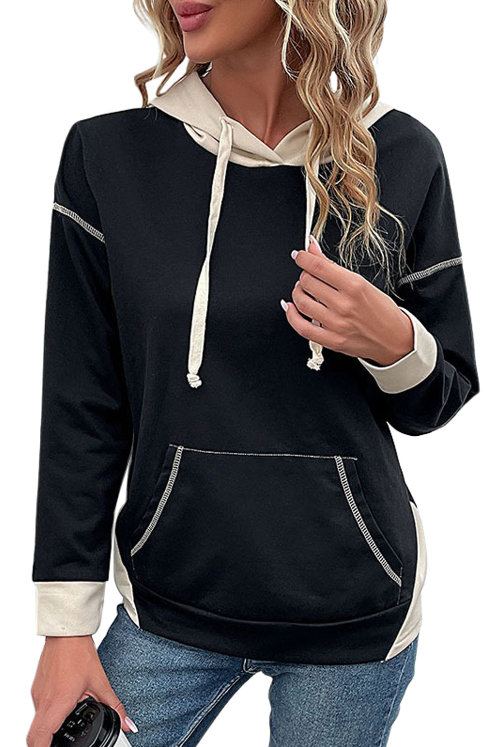 Black Contrast Trim Kangaroo Pocket Hoodie