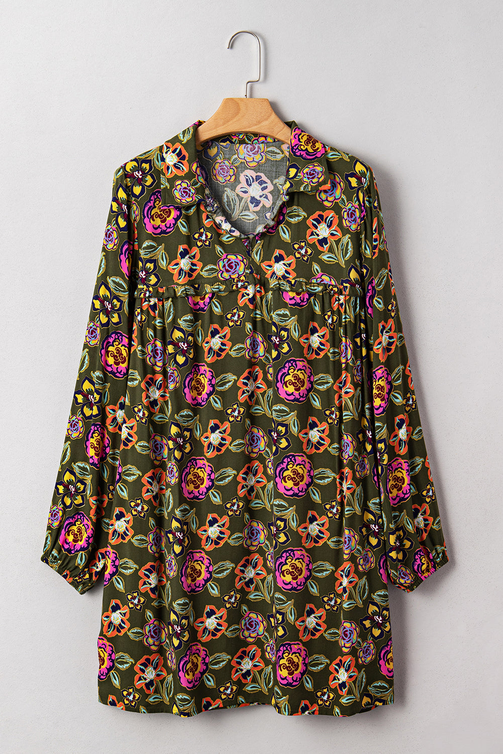 Green Floral Print Split Neck Bubble Sleeve Mini Dress