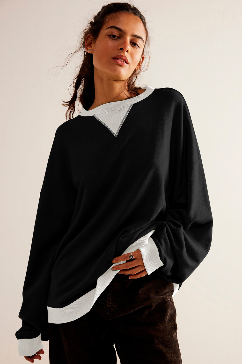 Black Contrast Ribbed Color Block Patchwork Baggy Sweatshirt