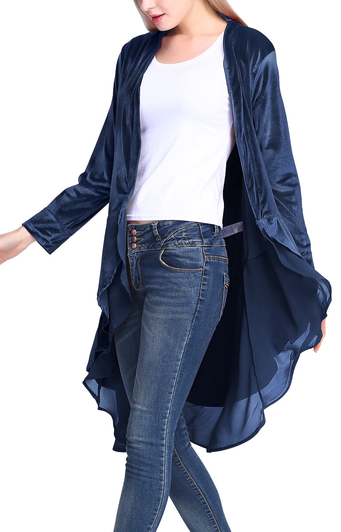 Urban CoCo Women's Long Sleeve Velvet Cardigan Coat with Asymmetric Chiffon Hem (M, Navy)