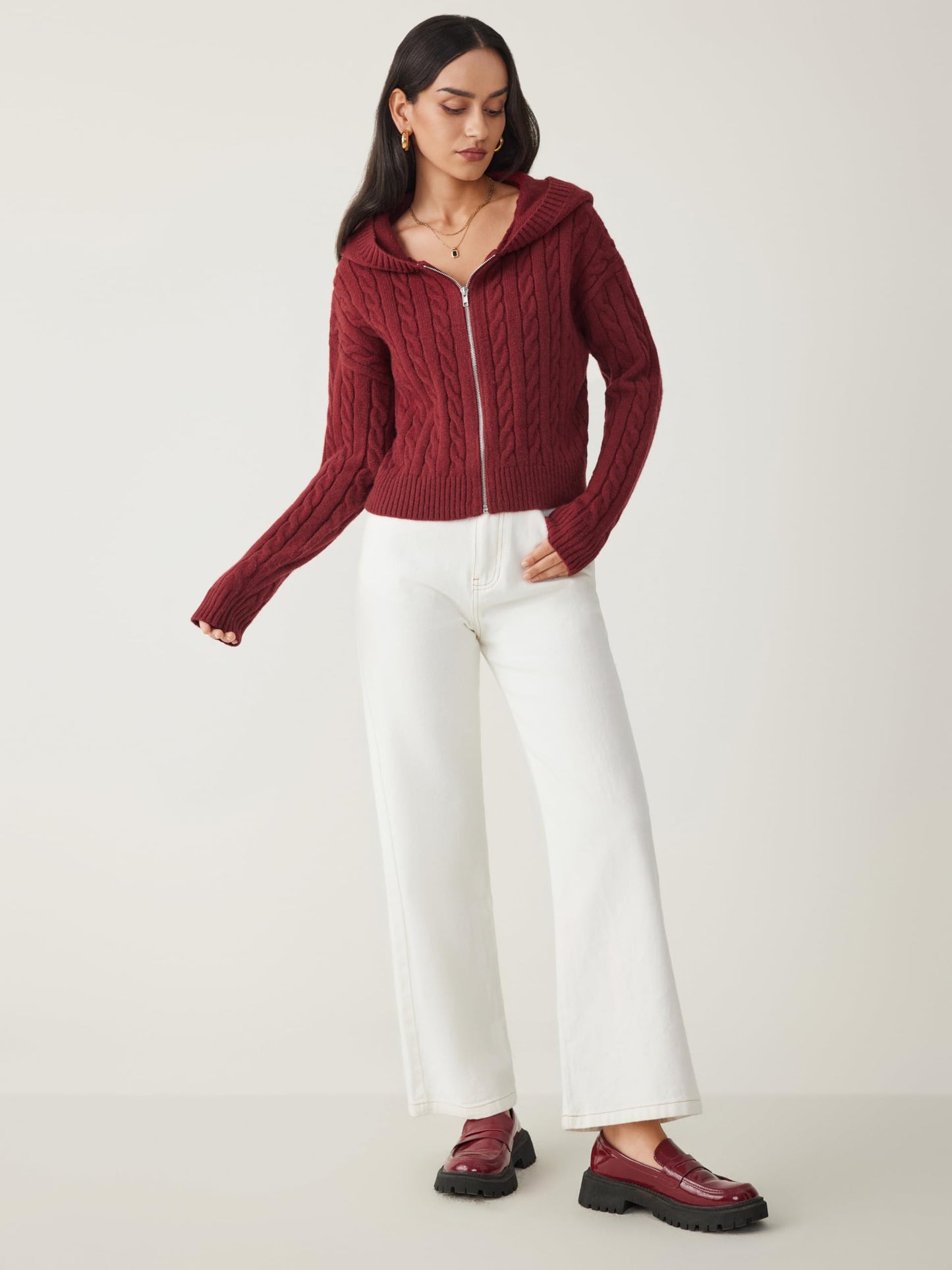 CIDER Women's Zip Up Hoodie Cardigan Cable Knit Long Sleeve Knitter Crop Tops Sweater: Wine, M