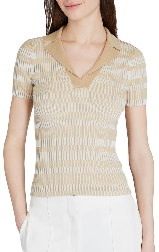 CLUB MONACO Women's Ribbed Johnny Collar Sweater Tee, Beige Mix/Beige