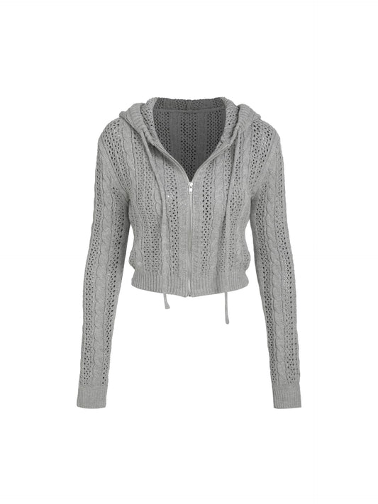 CIDER Women’s Zip Up Hoodie Crop Top Hollow Out Knitted Long Sleeve Cardigan Jacket Sweatshirt: Grey, M