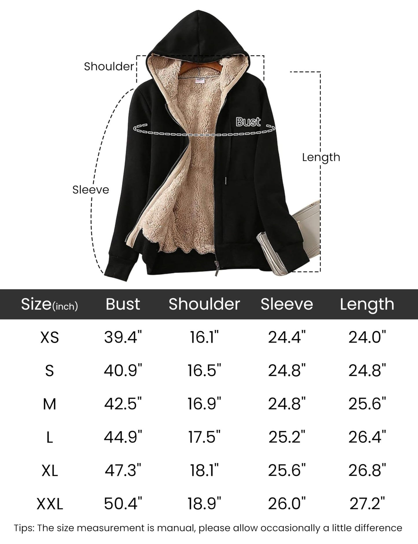 Yeokou Women's Casual Full Zip Up Sherpa Lined Hoodie Sweatshirt Jacket Coat (Medium, Black)