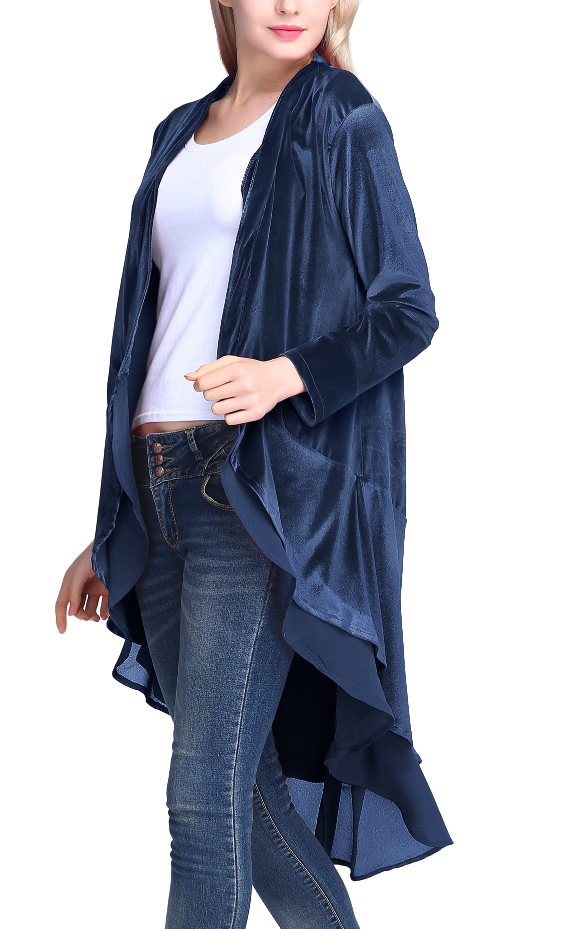 Urban CoCo Women's Long Sleeve Velvet Cardigan Coat with Asymmetric Chiffon Hem (M, Navy)