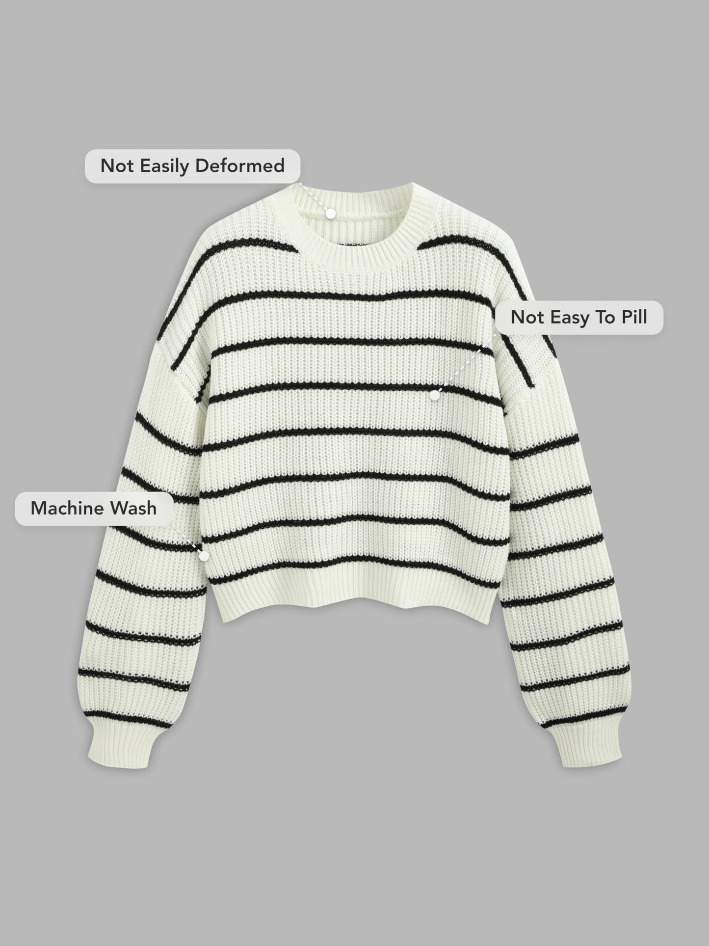 CIDER Women’s Cropped Striped Sweater Long Sleeve Crew Neck Trendy Pullover Tops: White, M