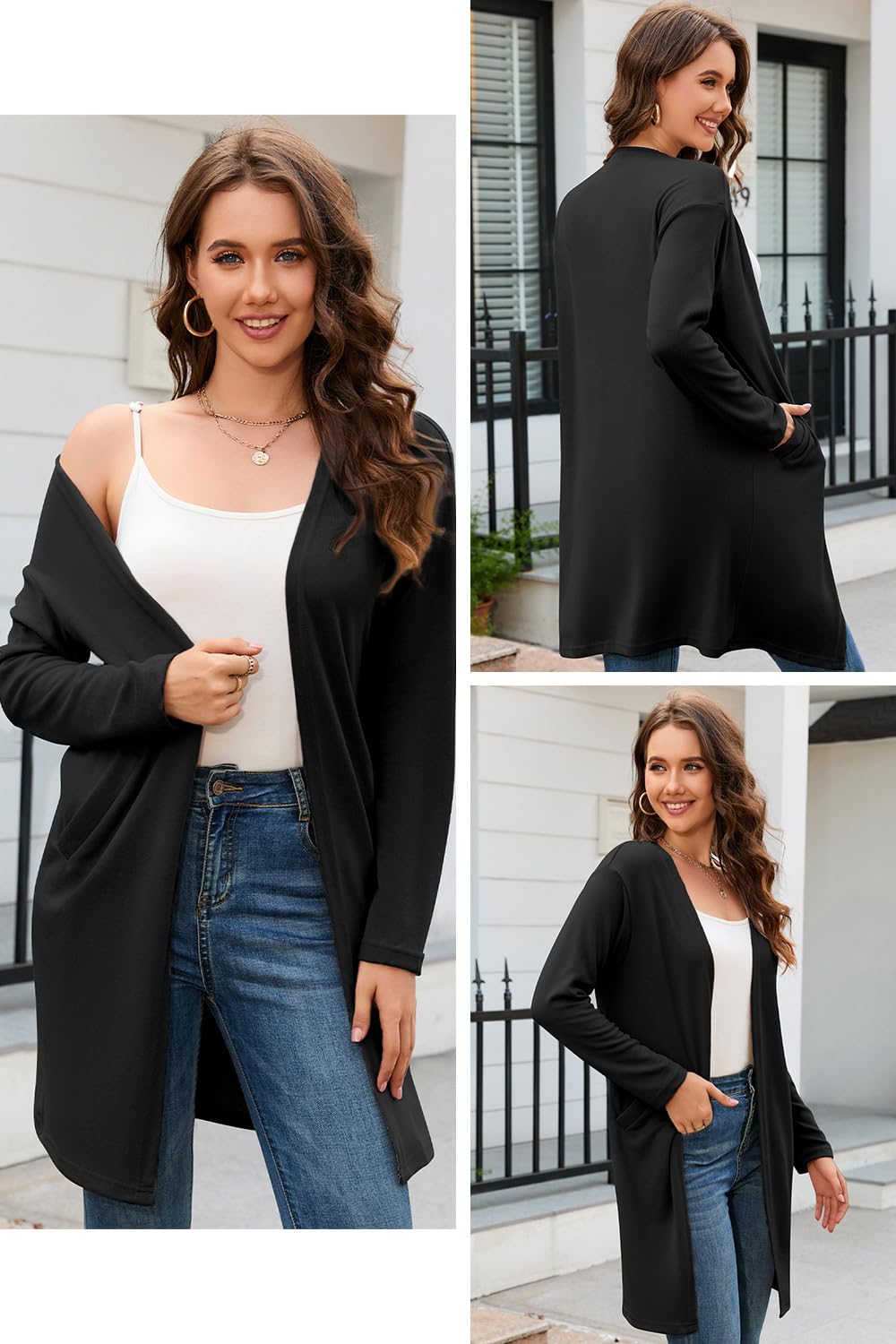 OUGES Women's 2024 Fashion Fall Winter Black Open Front Long Sleeve Lightweight Sweater Cardigan Shirt Clothing with Pockets(Black,M)