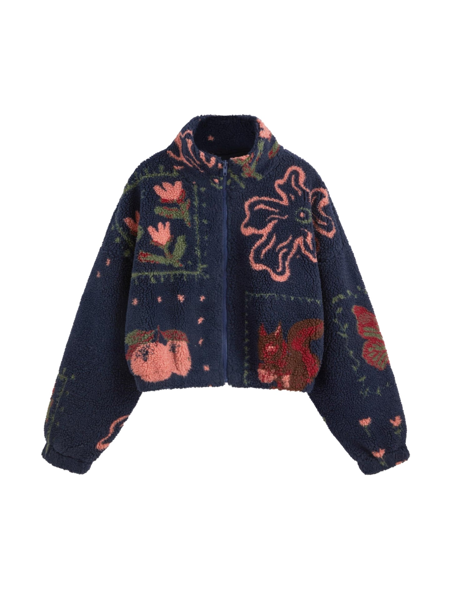 CIDER Sherpa Jacket Women Fleece Jacket Turtle Neck Floral Cropped Graphic Zipper Jacket for Winter: Dark Navy, M