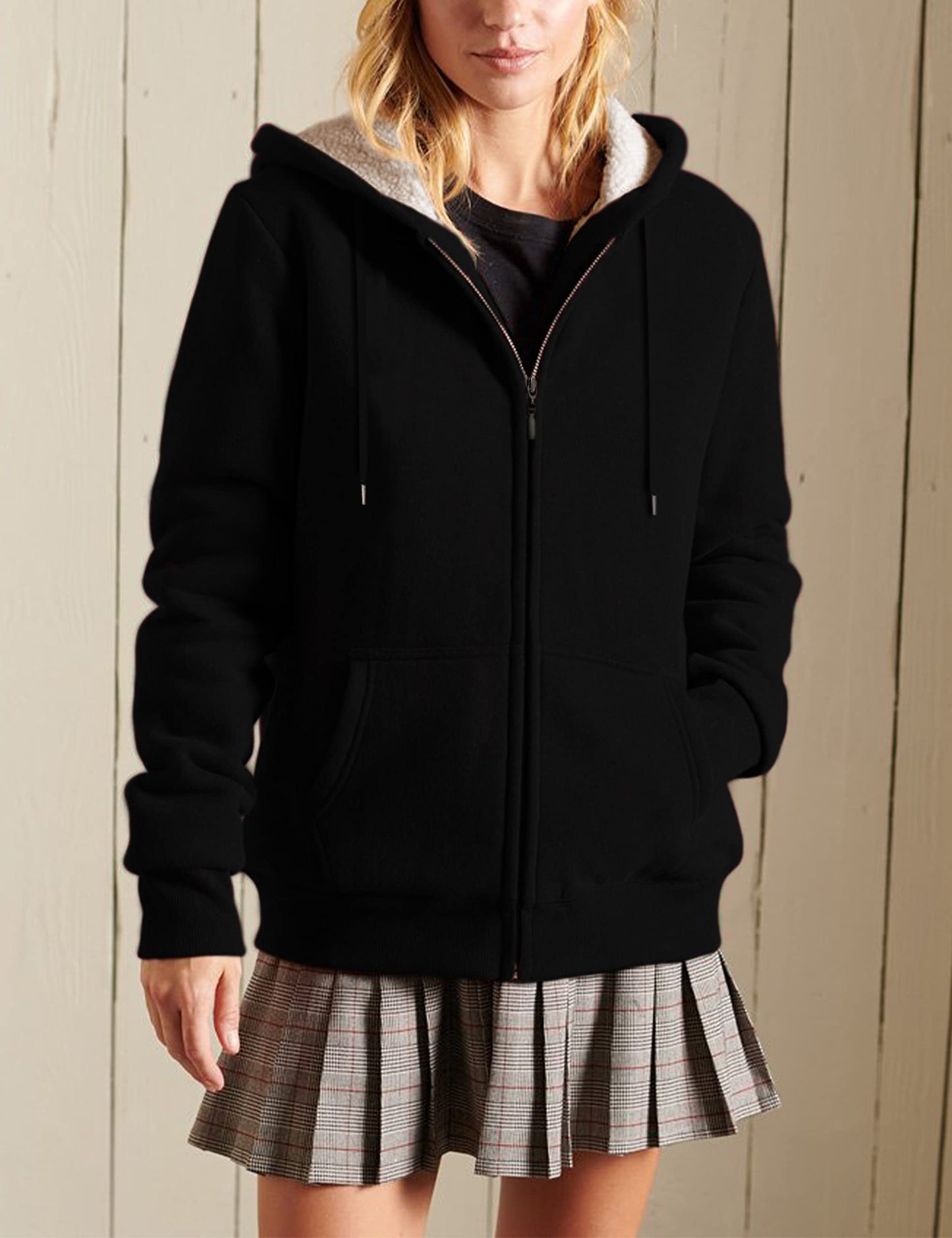 Yeokou Women's Casual Full Zip Up Sherpa Lined Hoodie Sweatshirt Jacket Coat (Medium, Black)