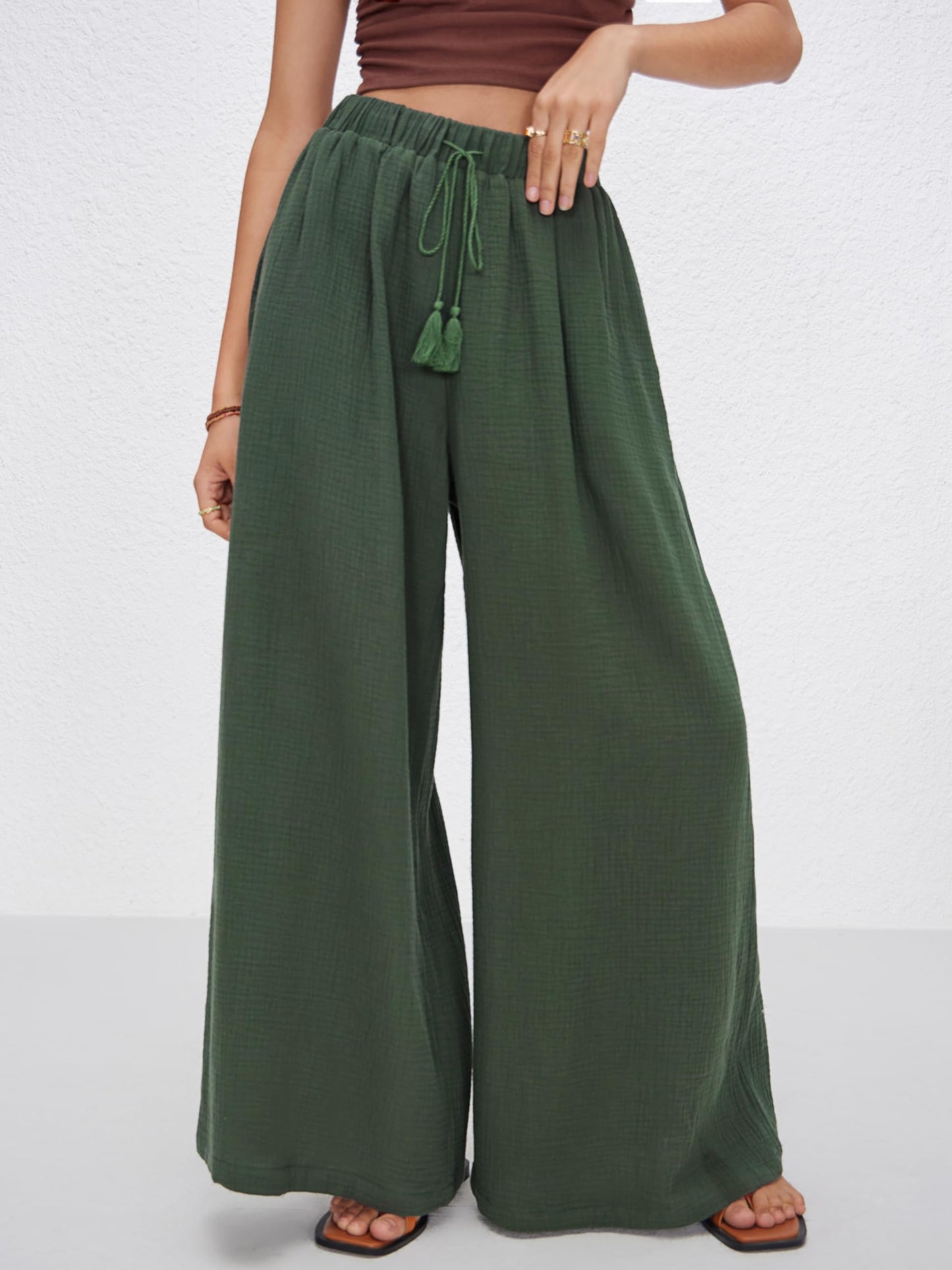 CIDER Women's High Waisted Wide Leg Pants with Pockets Drawstring Palazzo Business Casual Dress Pants Loose Trousers: Green, M