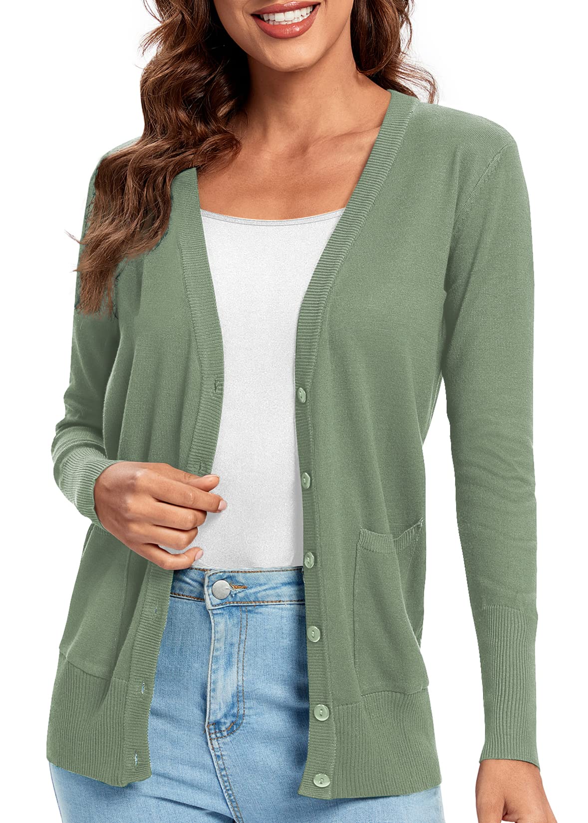 Urban CoCo Women's Lightweight Long Sleeve Knit Dressy Cardigan with Pockets Button Down Sweater (Washed Oliver, M)