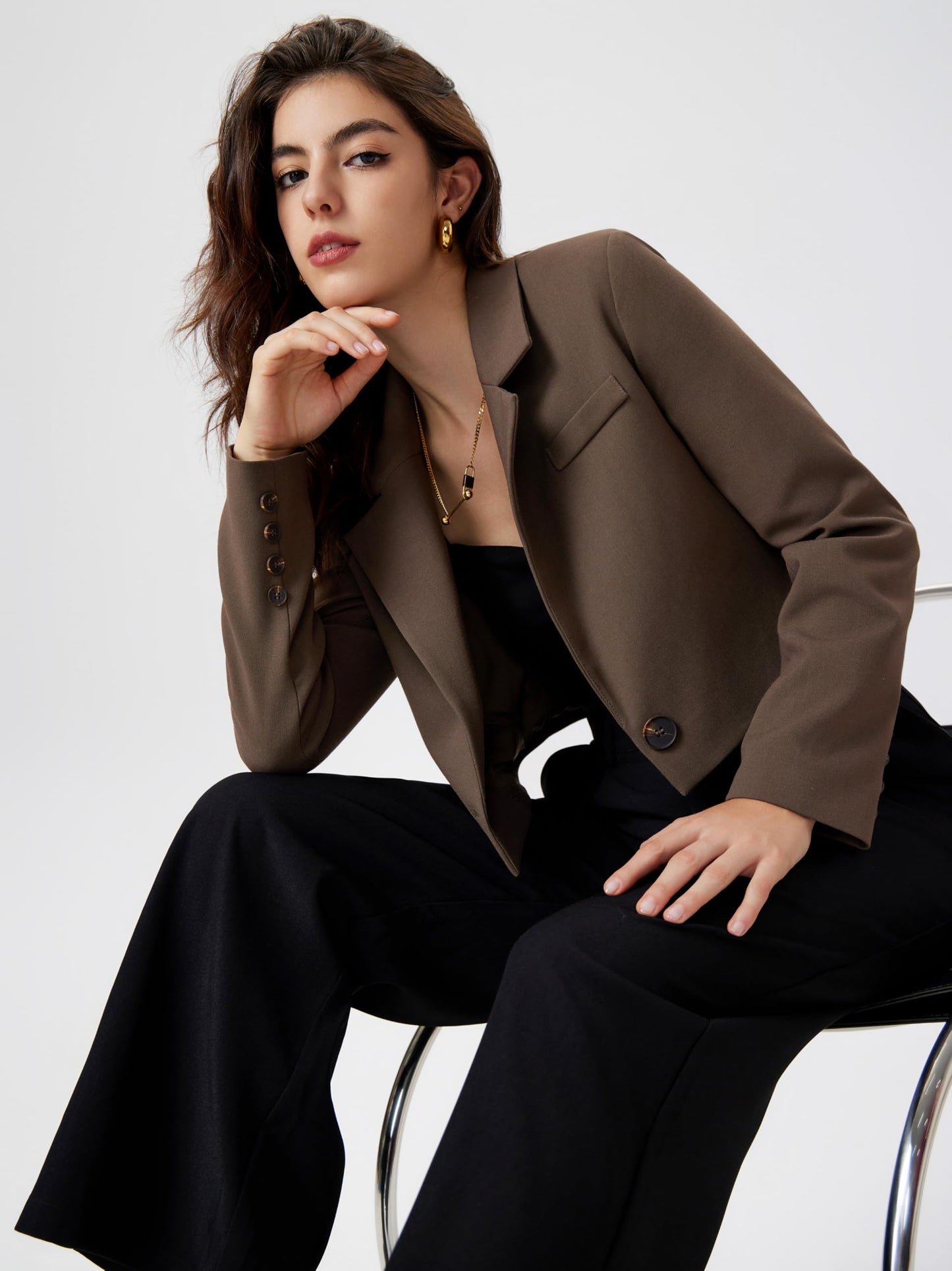 CIDER Womens Blazer Cropped Business Casual Open Front Long Sleeve Suit Work Office Blazer Jacket: Brown, M