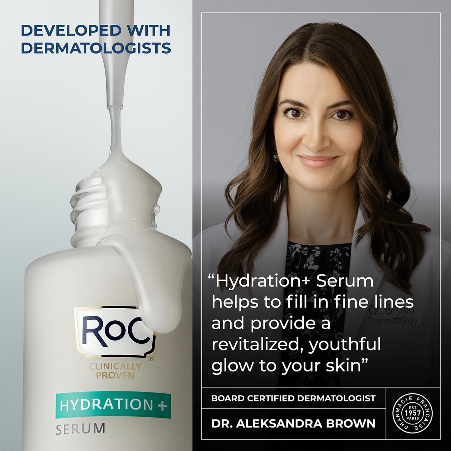 RoC Hydration+ Hyaluronic Acid Serum for Face, Hydrating, Plumping, Fragrance Free, Lightweight Formula with Collagen Proteins, Stocking Stuffers for Men & Women, 1 oz with Retinol Eye Cream Packette