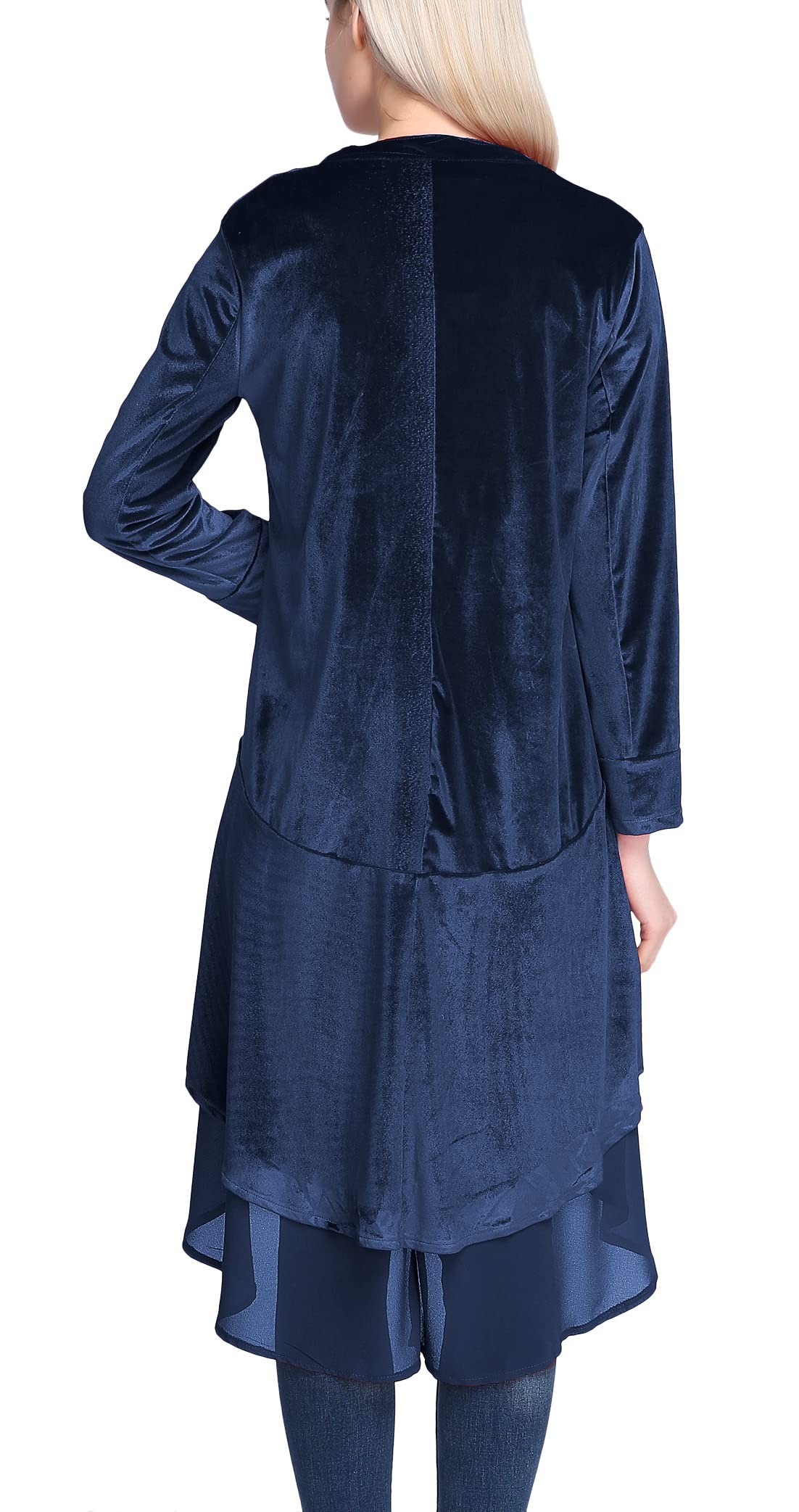 Urban CoCo Women's Long Sleeve Velvet Cardigan Coat with Asymmetric Chiffon Hem (M, Navy)