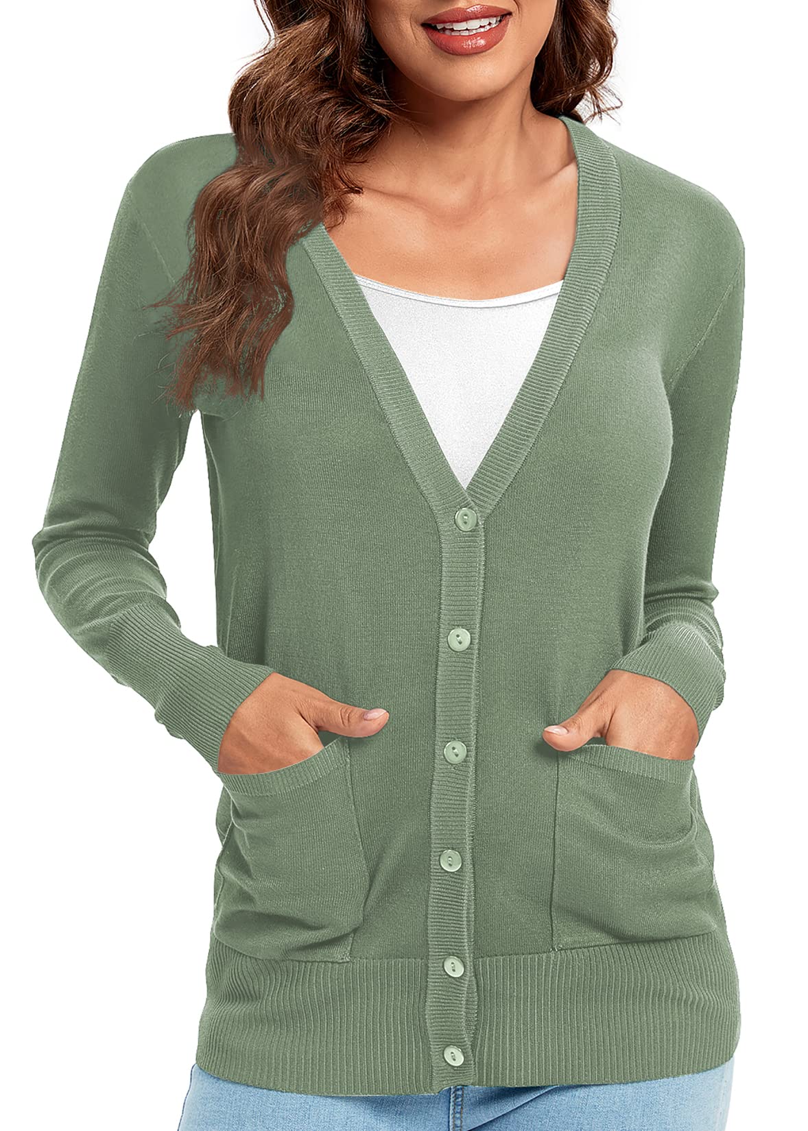 Urban CoCo Women's Lightweight Long Sleeve Knit Dressy Cardigan with Pockets Button Down Sweater (Washed Oliver, M)