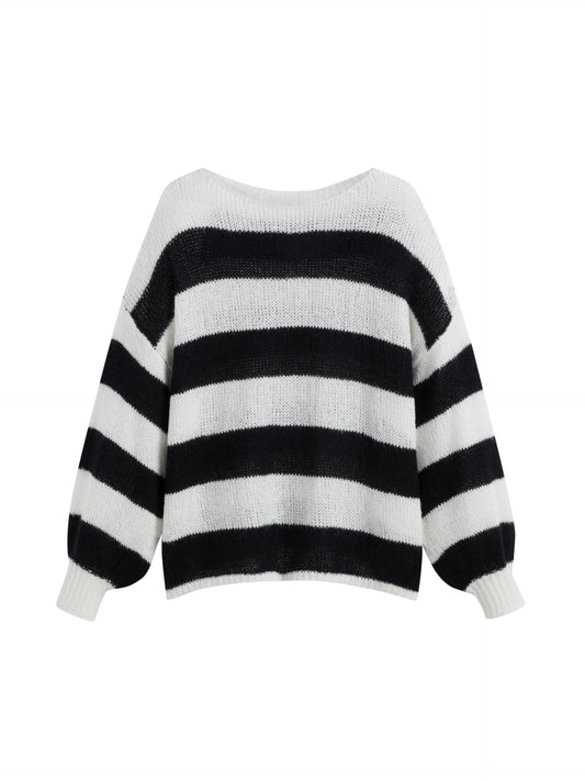 CIDER Women’s Long Sleeve Tops Boat Neck Striped Knit Loose Fit Basic Tee Pullover Sweaters: Black, M