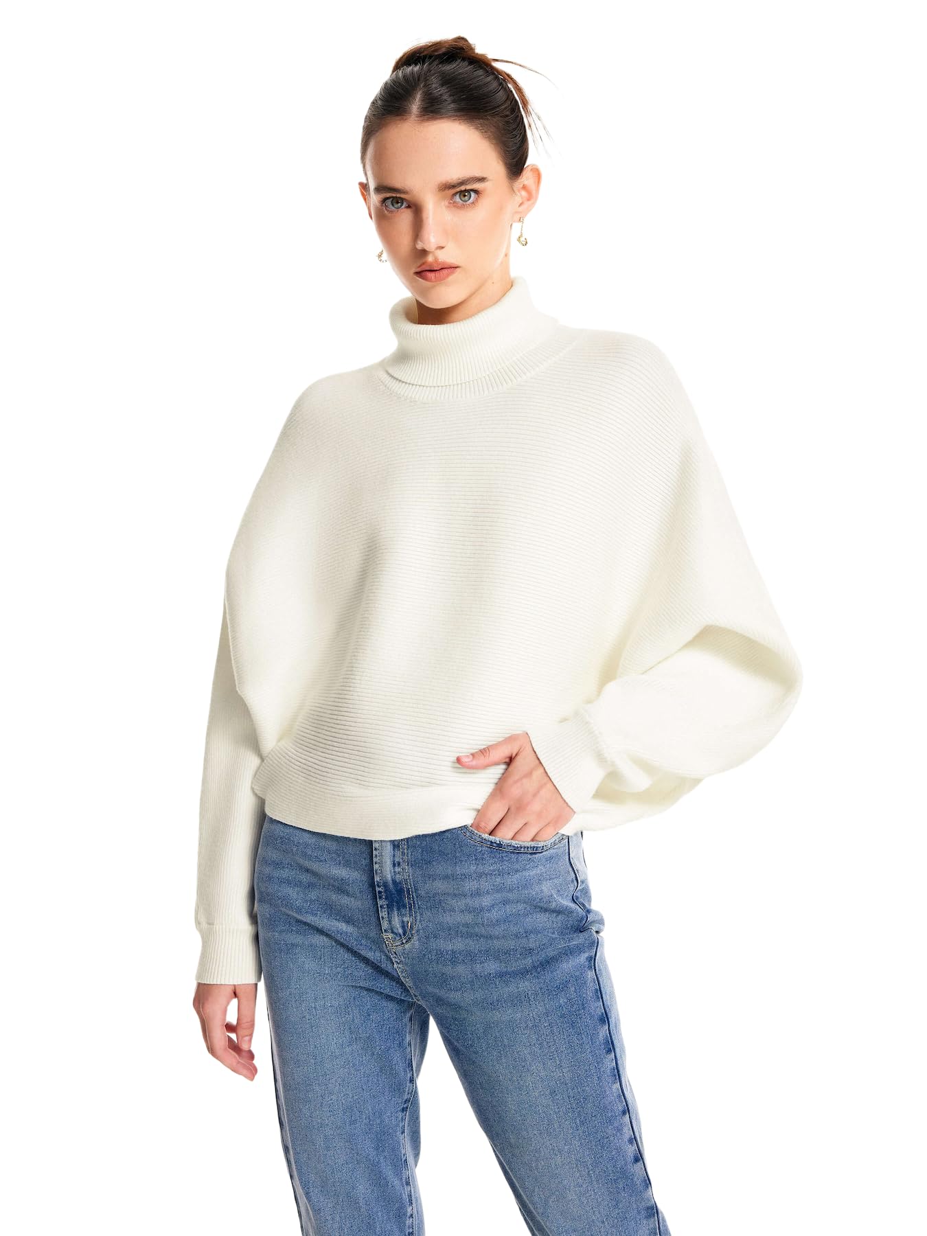 CIDER Women’s Turtleneck Long Sleeve Oversized Trendy Pullover Sweater Jumper Fall Tops: Ivory, M