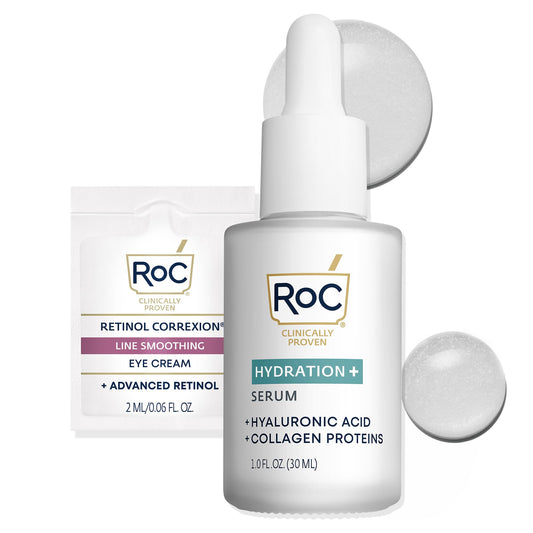 RoC Hydration+ Hyaluronic Acid Serum for Face, Hydrating, Plumping, Fragrance Free, Lightweight Formula with Collagen Proteins, Stocking Stuffers for Men & Women, 1 oz with Retinol Eye Cream Packette