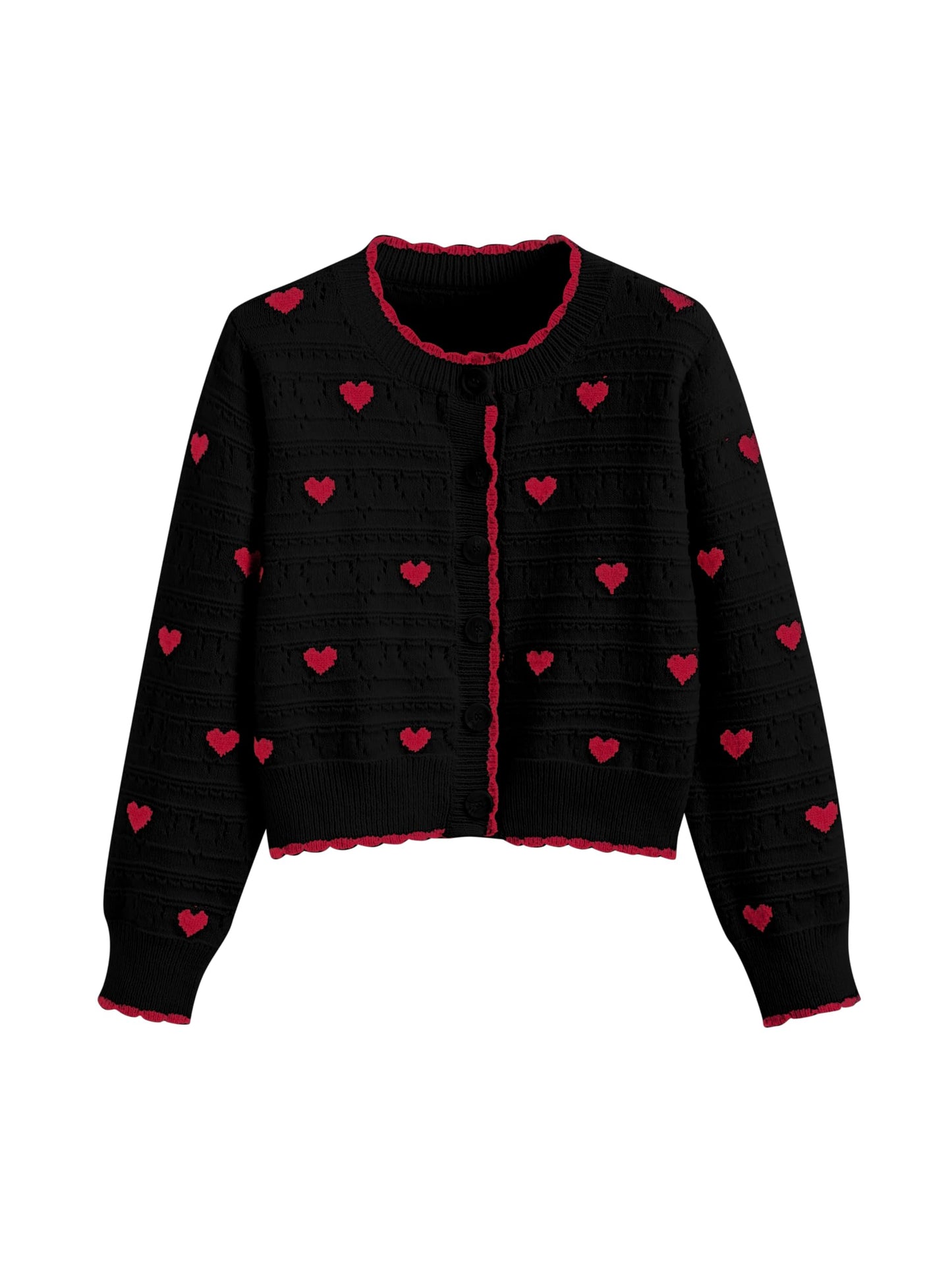 CIDER Women's Cardigan Crew Neck Heart Print Color Block Button Down Crop Top Long Sleeve Cute Cardigan: Black, M