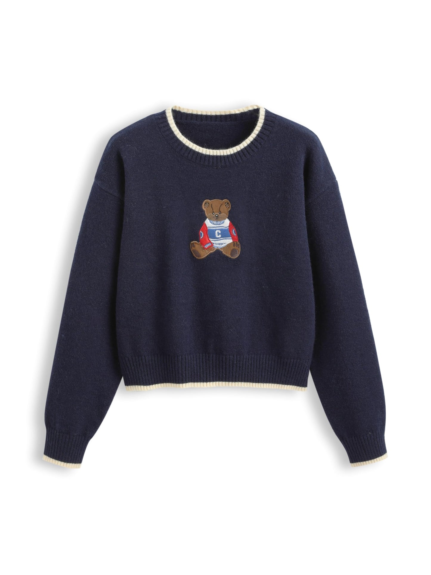 CIDER Womens Sweaters Fall Long Sleeve Bear Graphic Crewneck Sweater Soft Knit Casual Cropped Pullover Cute Fall Outfits 2024: Navy Blue, M