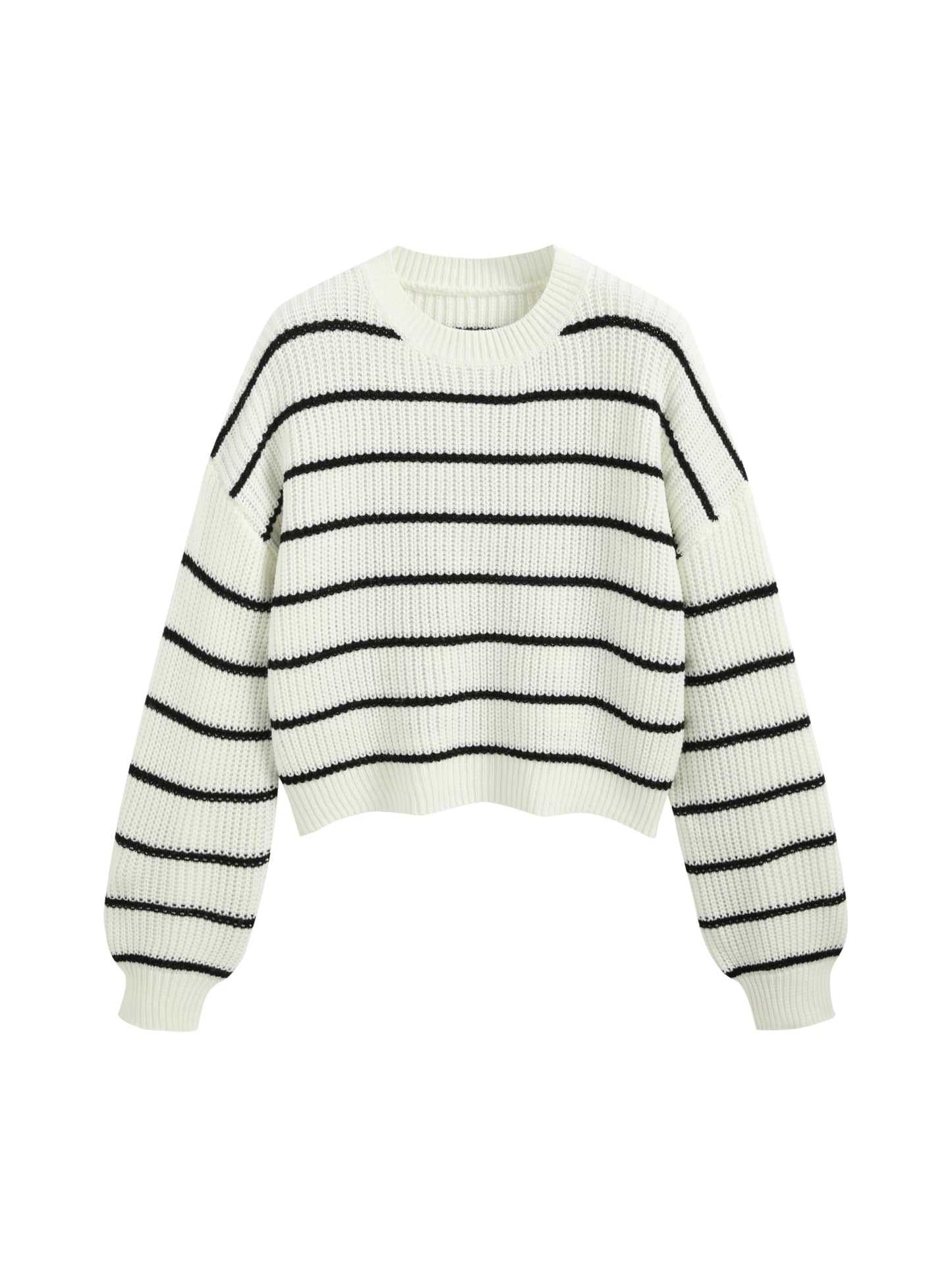 CIDER Women’s Cropped Striped Sweater Long Sleeve Crew Neck Trendy Pullover Tops: White, M