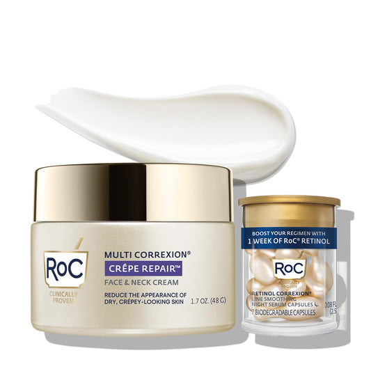 RoC Crepe Repair Anti Aging Daily Face Moisturizer & Neck Firming Cream (1.7 oz) + RoC Retinol Wrinkle Smoothing Capsules (7 CT), Skin Care Set, Stocking Stuffer for Men & Women