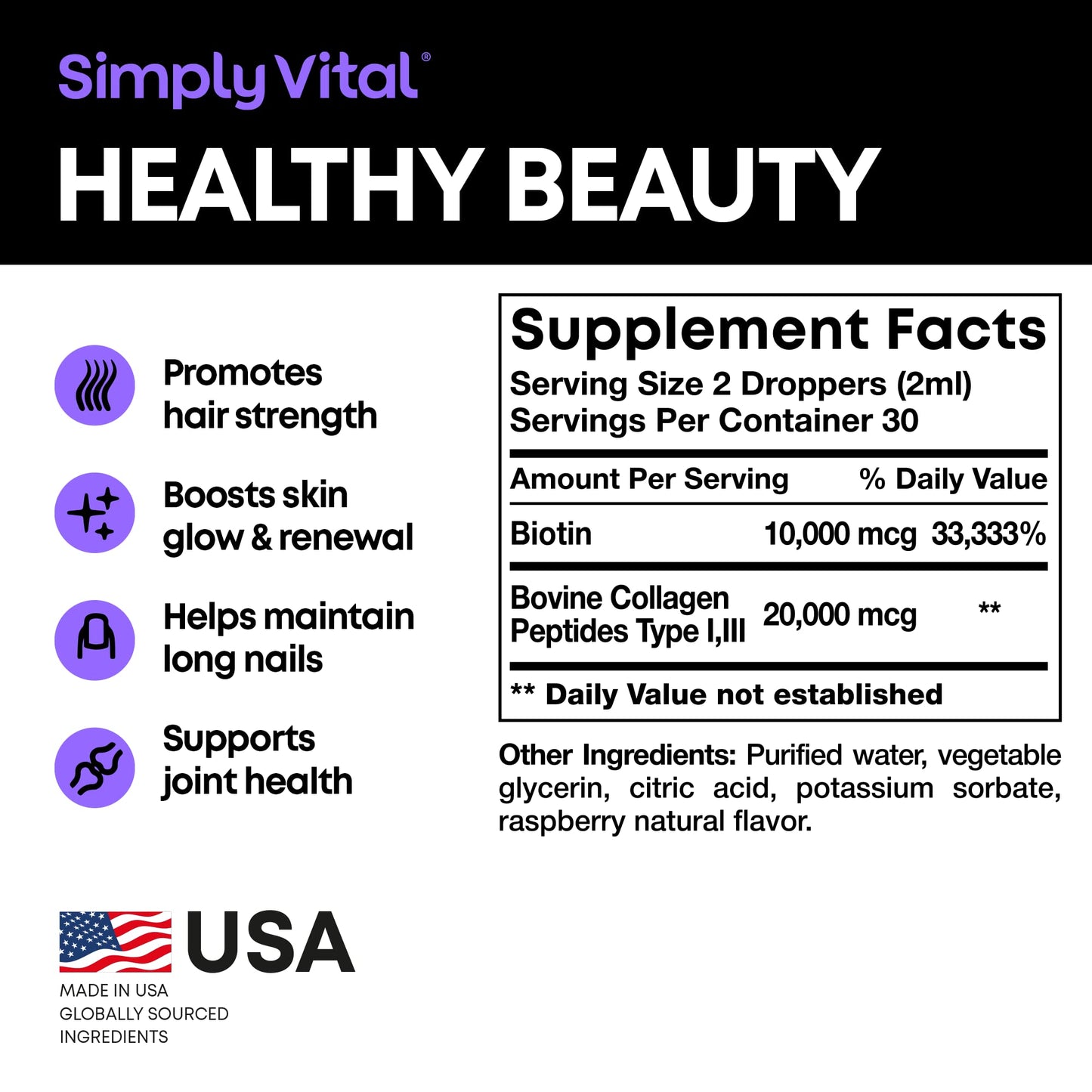 Simply Vital Liquid Collagen & Biotin Vitamins for Hair, Skin and Nails - Biotin 10000 mcg & Collagen 20000 mcg - Hair Growth Supplement for Women & Men - Made in USA - 99% Absorption Liquid Biotin