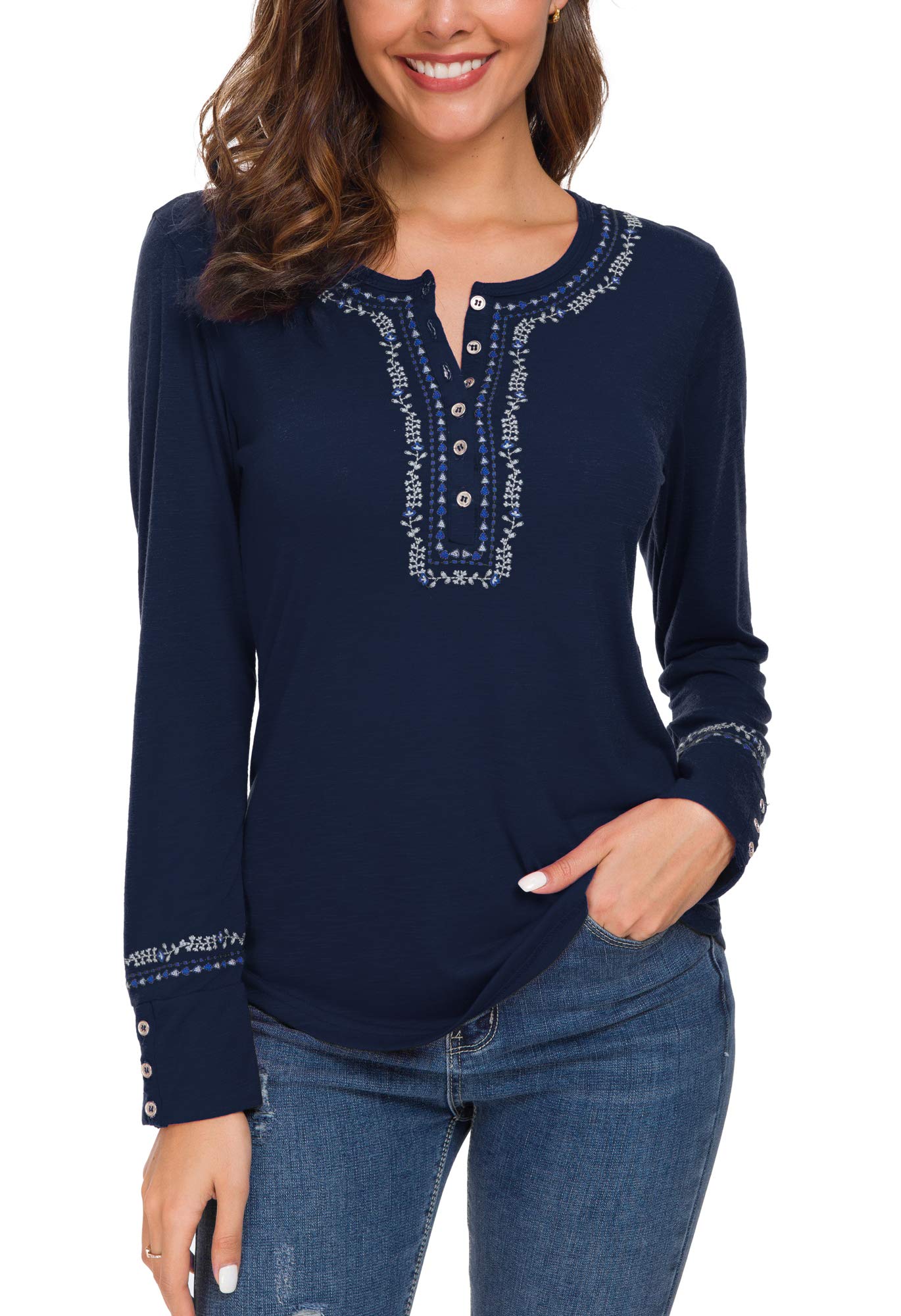 Urban CoCo Women's Long Sleeve Boho Shirt Embroidered Top (M, Navy Blue)