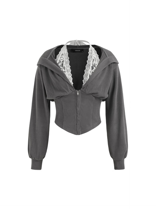 CIDER Zip Up Hoodie Women Cropped Sweatshirts Lace Halter Long Sleeve Corset Hoodie Trendy Jackets Y2K Outfits: Dark Grey, M