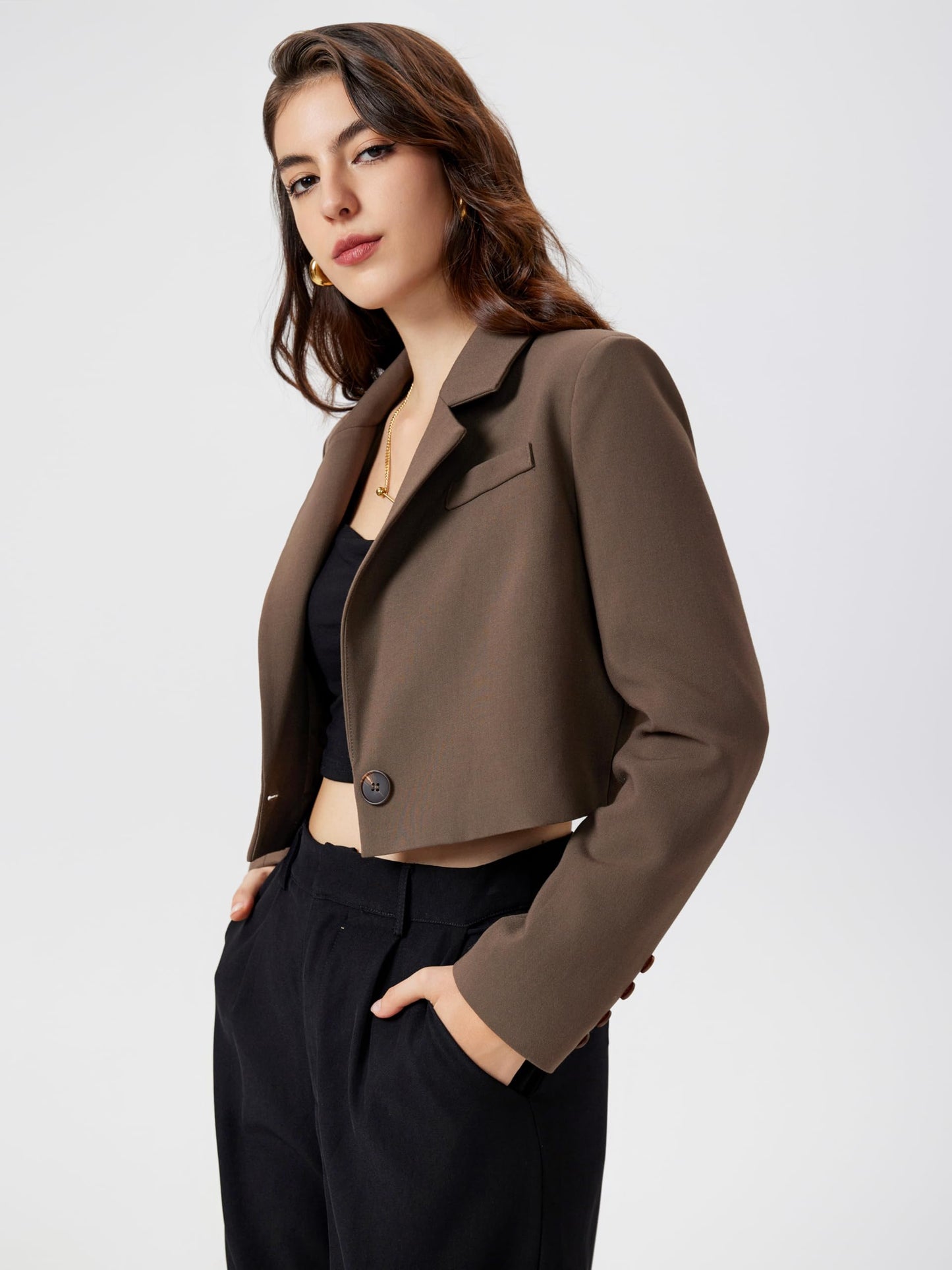 CIDER Womens Blazer Cropped Business Casual Open Front Long Sleeve Suit Work Office Blazer Jacket: Brown, M