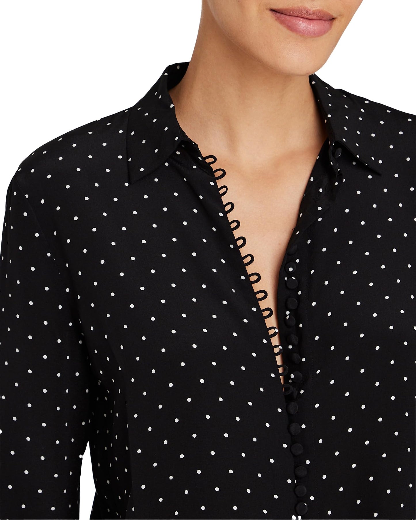 CLUB MONACO Women's Silk Helek Shirt, Black Polka Dot