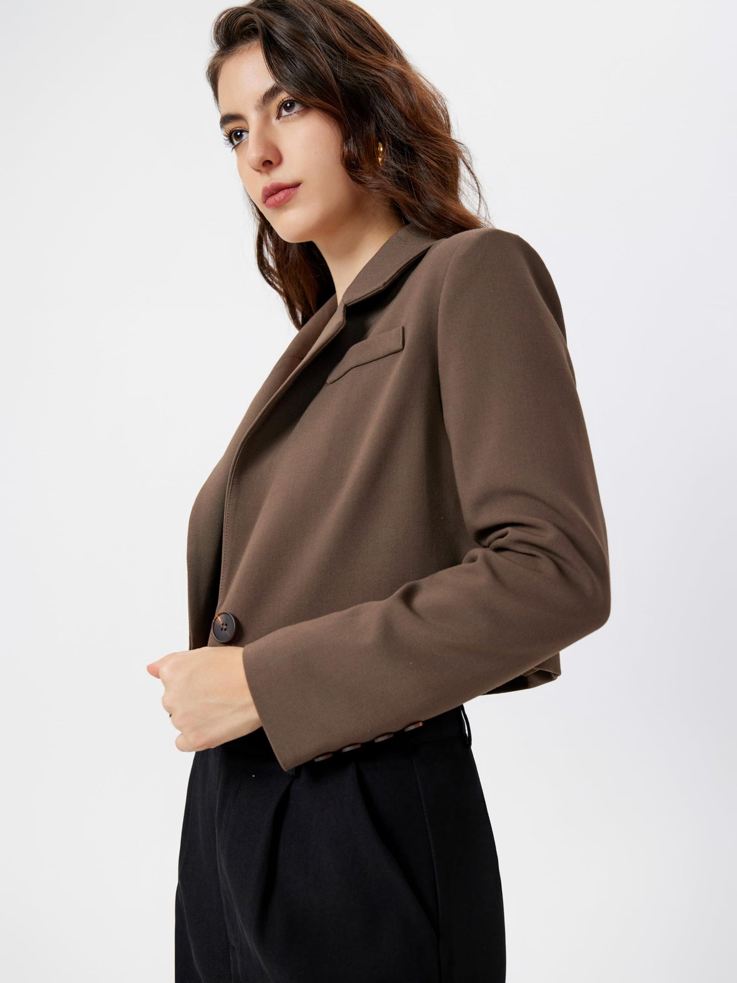 CIDER Womens Blazer Cropped Business Casual Open Front Long Sleeve Suit Work Office Blazer Jacket: Brown, M