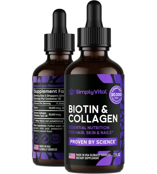 Simply Vital Liquid Collagen & Biotin Vitamins for Hair, Skin and Nails - Biotin 10000 mcg & Collagen 20000 mcg - Hair Growth Supplement for Women & Men - Made in USA - 99% Absorption Liquid Biotin