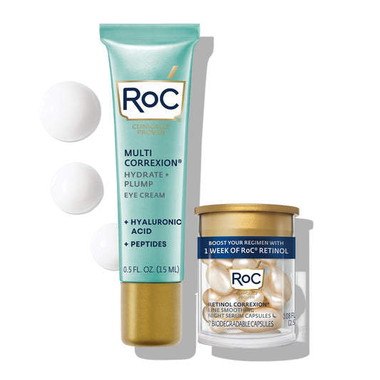 RoC Multi Correxion Hyaluronic Acid Anti Aging Under Eye Cream for Puffiness & Dark Circles (.5 OZ) + RoC Retinol Capsules (7 CT), Fragrance & Paraben Free Skin Care Set, Stocking Stuffers