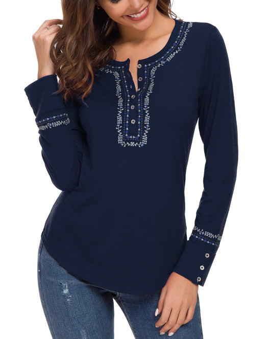 Urban CoCo Women's Long Sleeve Boho Shirt Embroidered Top (M, Navy Blue)