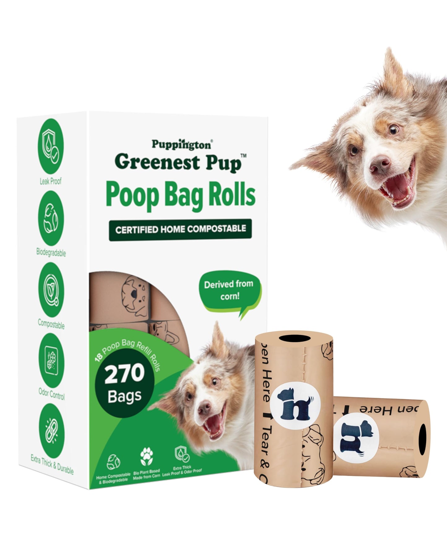 Puppington Certified Home Compostable Poop Bags - ASTM D6400 Compliant - 270 Extra Thick Bags - Plant Based - Pairs with Puppington 3-in-1 Bag & Fits all Standard Poop Bag Dispensers (Latte Beige)