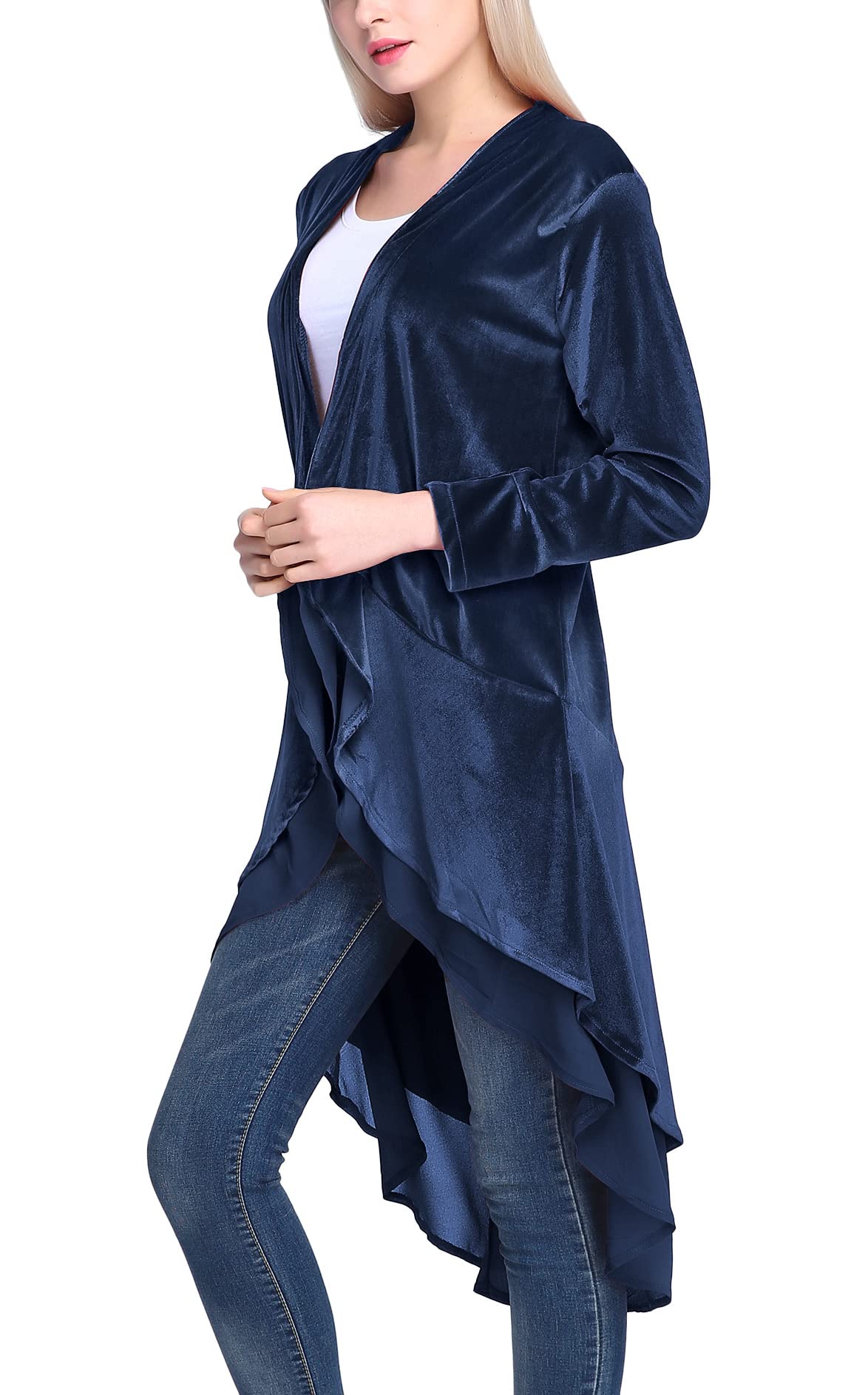 Urban CoCo Women's Long Sleeve Velvet Cardigan Coat with Asymmetric Chiffon Hem (M, Navy)