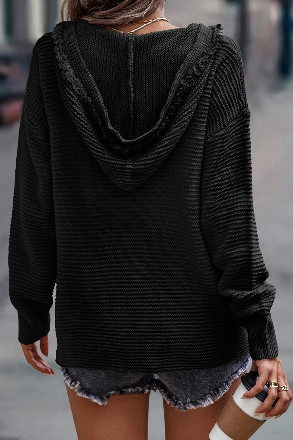 Black Split V Neck Pullover Knit Hooded Sweater
