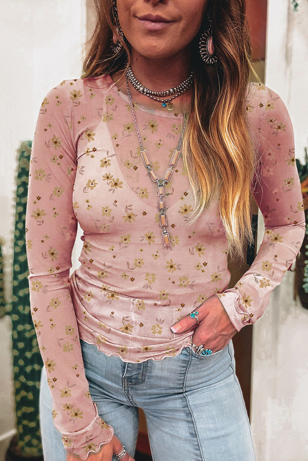 Pink Floral Print Mesh Slim Fit Long Sleeve Top