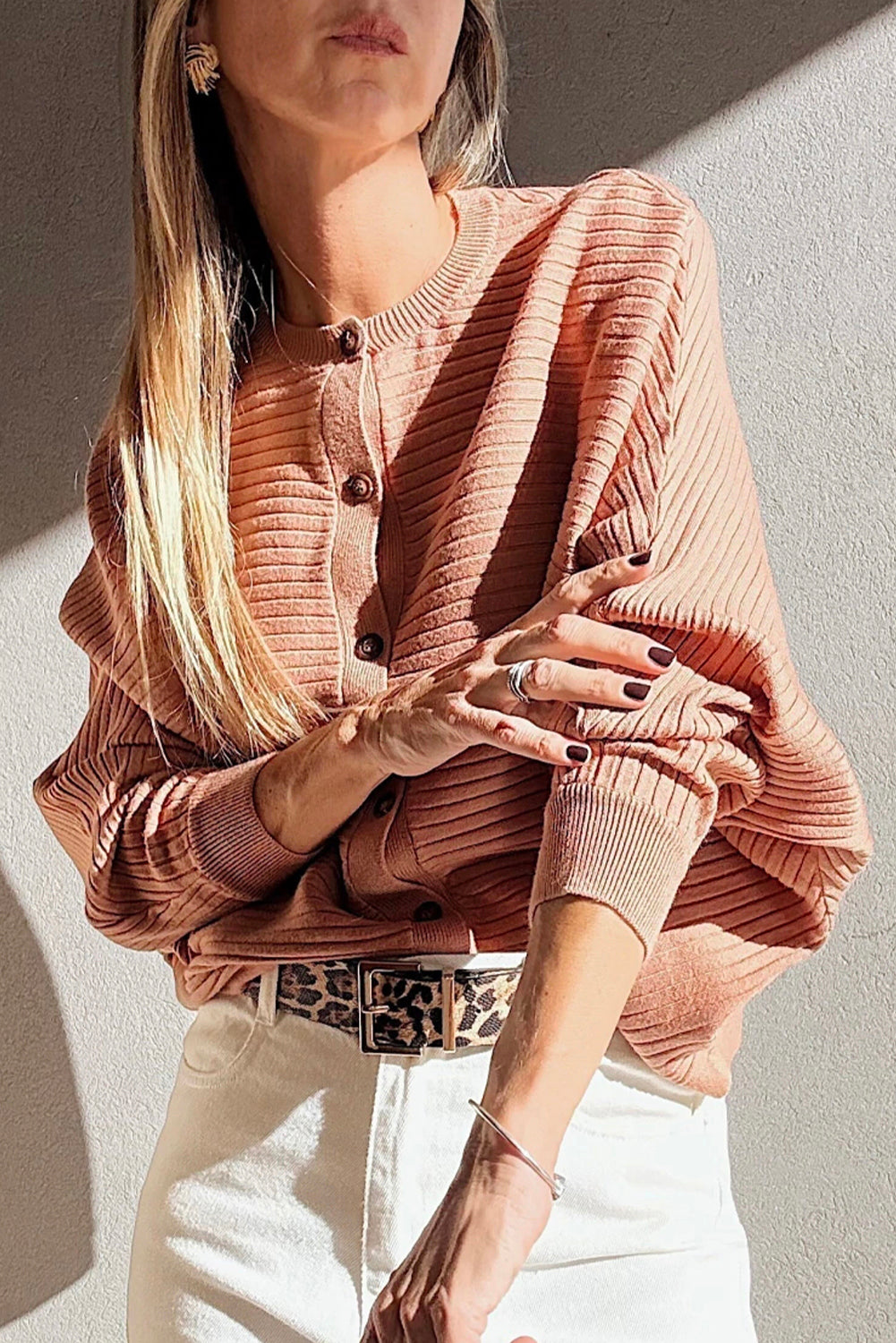 Apricot Pink Rib Knit Button Front Dolman Sleeve Cardigan