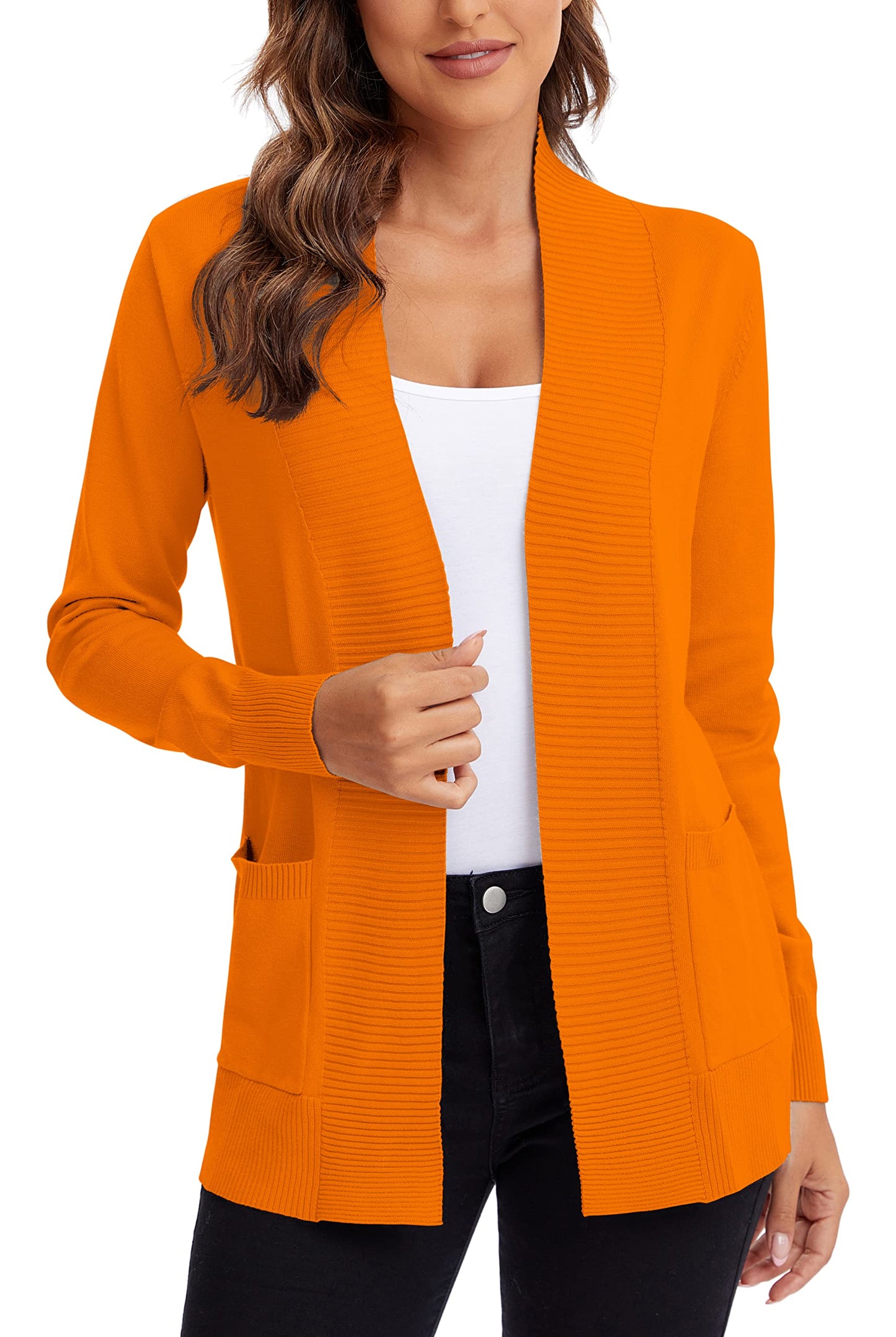 Urban CoCo Women's Lightweight Open Front Knit Cardigan Sweater Long Sleeve with Pocket (Orange, L)