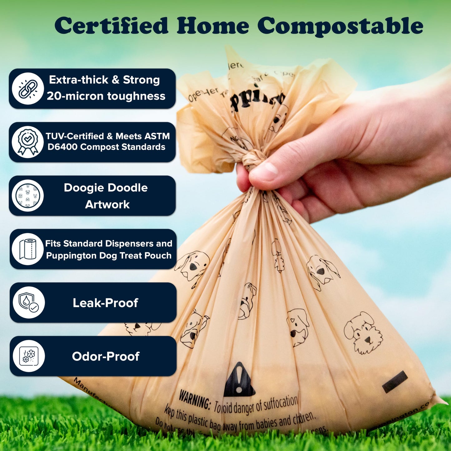 Puppington Certified Home Compostable Poop Bags - ASTM D6400 Compliant - 270 Extra Thick Bags - Plant Based - Pairs with Puppington 3-in-1 Bag & Fits all Standard Poop Bag Dispensers (Latte Beige)