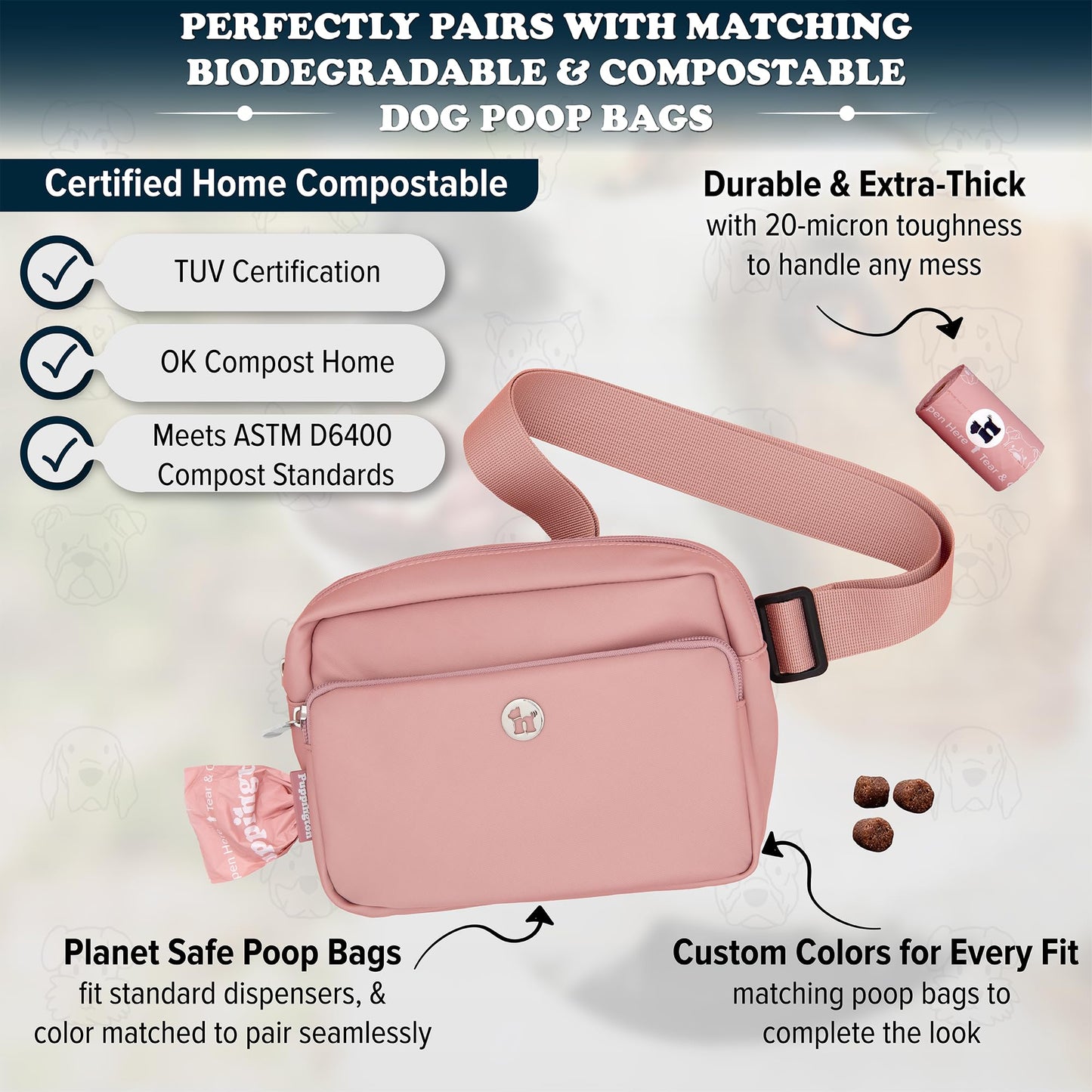 Puppington 3-in-1 Crossbody Bag & Dog Treat Pouch for Pet Training - Matching Poop Bags & Built-In Poop Bag Dispenser - Zippered Pockets - Dog Walking Bag for Office to Off-Leash (Blush Pink)