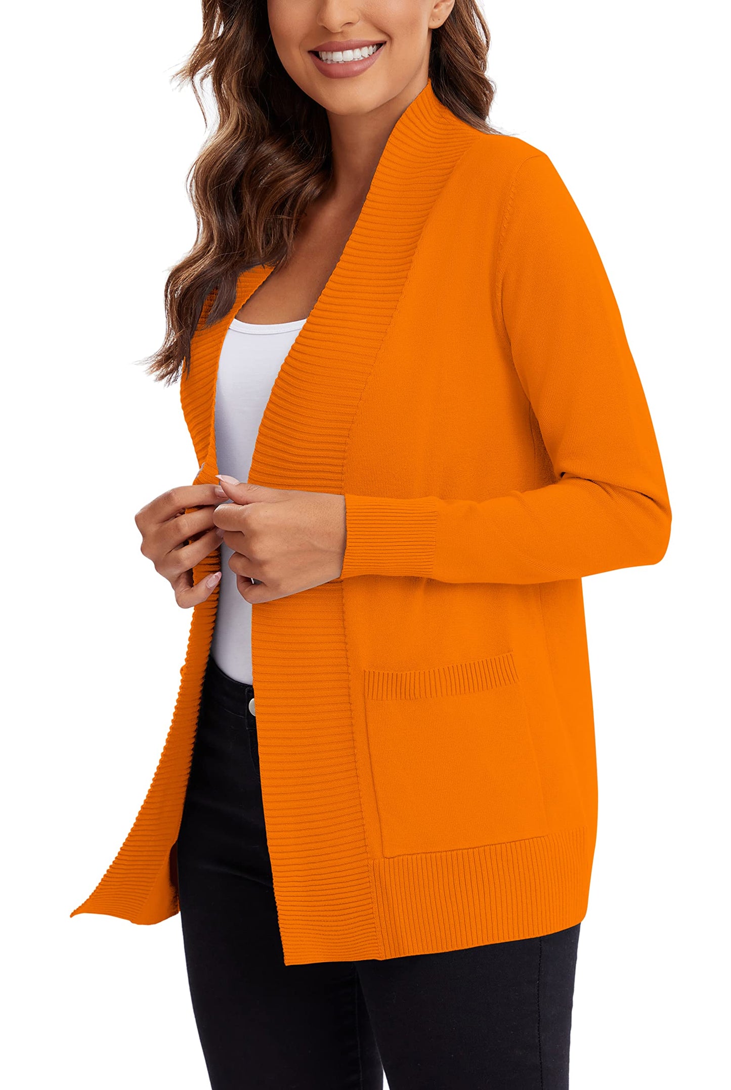 Urban CoCo Women's Lightweight Open Front Knit Cardigan Sweater Long Sleeve with Pocket (Orange, L)