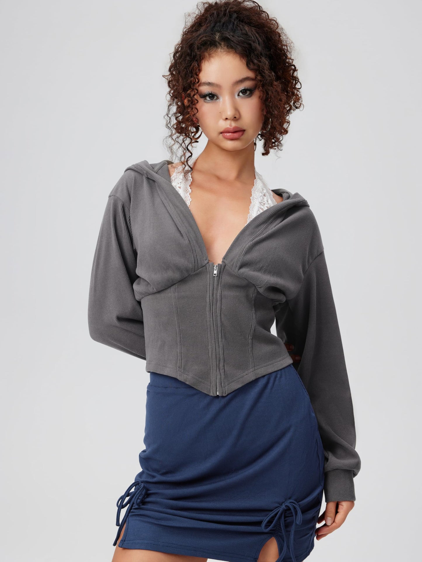 CIDER Zip Up Hoodie Women Cropped Sweatshirts Lace Halter Long Sleeve Corset Hoodie Trendy Jackets Y2K Outfits: Dark Grey, M