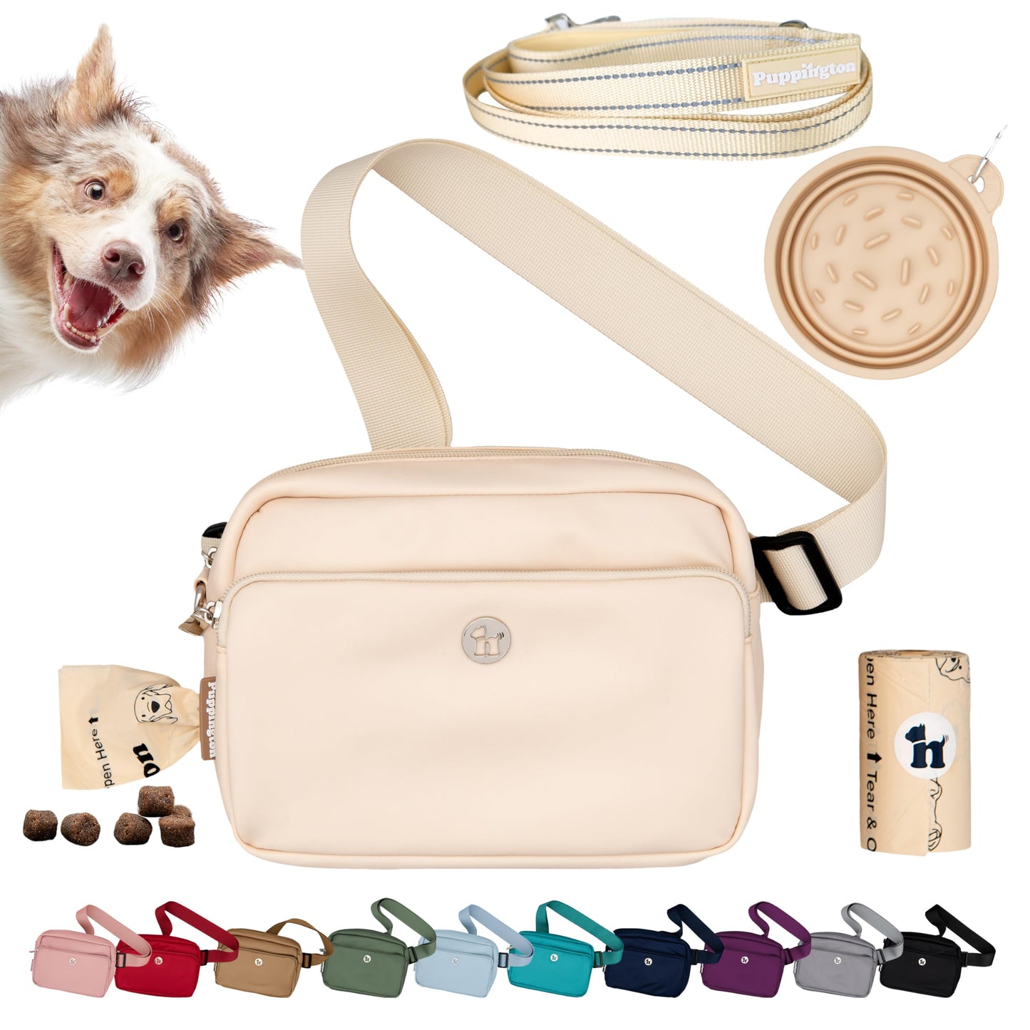 Puppington 3-in-1 Crossbody Dog Treat Pouch for Pet Training - Compostable Poop Bags, Built-In Poop Bag Dispenser, Slow-Feeding Travel Dog Bowl & Reflective Leash - Dog Walking Bag (Vanilla Cream)