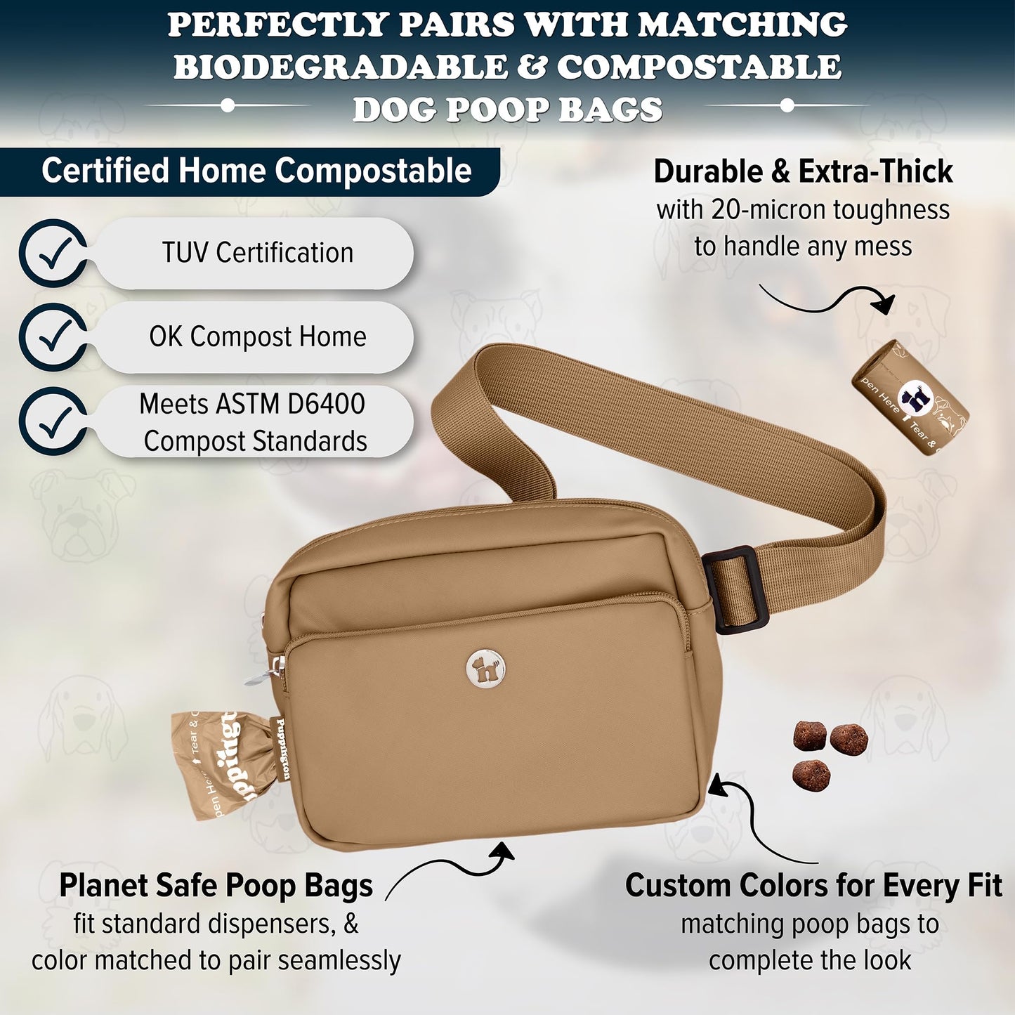 Puppington 3-in-1 Crossbody Bag & Dog Treat Pouch for Pet Training - Matching Poop Bags & Built-In Poop Bag Dispenser - Zippered Pockets - Dog Walking Bag for Office to Off-Leash (Latte Beige)