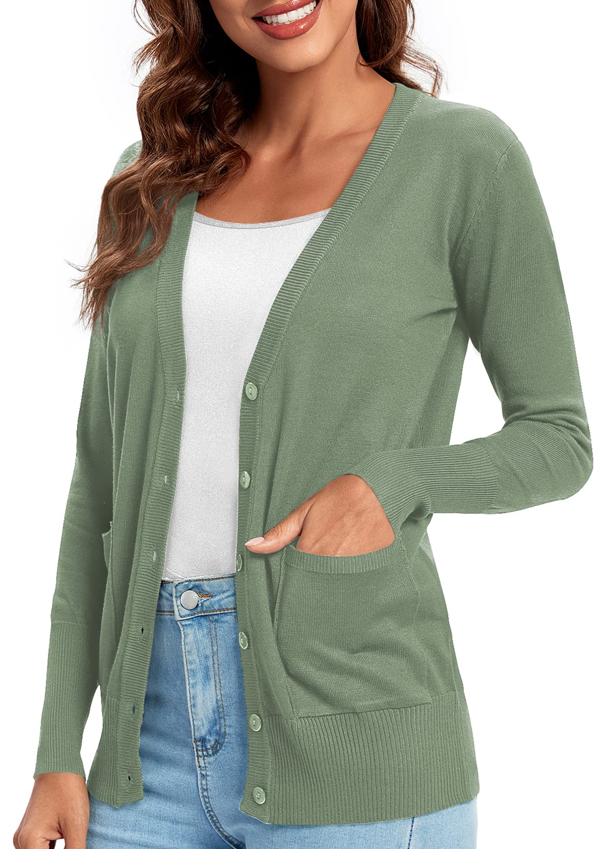 Urban CoCo Women's Lightweight Long Sleeve Knit Dressy Cardigan with Pockets Button Down Sweater (Washed Oliver, M)