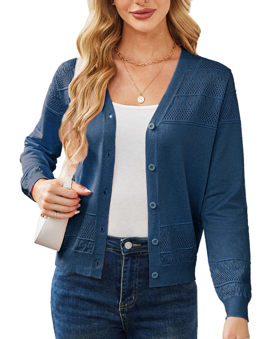 Yekaty Fall Blue Cardigan Trendy Cropped Cardigan Open Front Button Womens Sweaters Dressy Casual V Neck Shrug Jacket